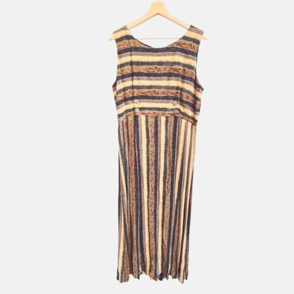 Vintage 90s Striped Cottagecore Maxi Dress Earth Tone Fall Lagenlook Large (14)
